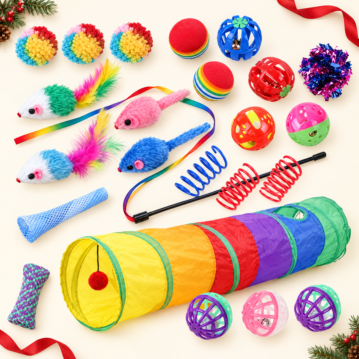 24-piece cat toy set: mice, balls, springs, teaser wand and rainbow tunnel