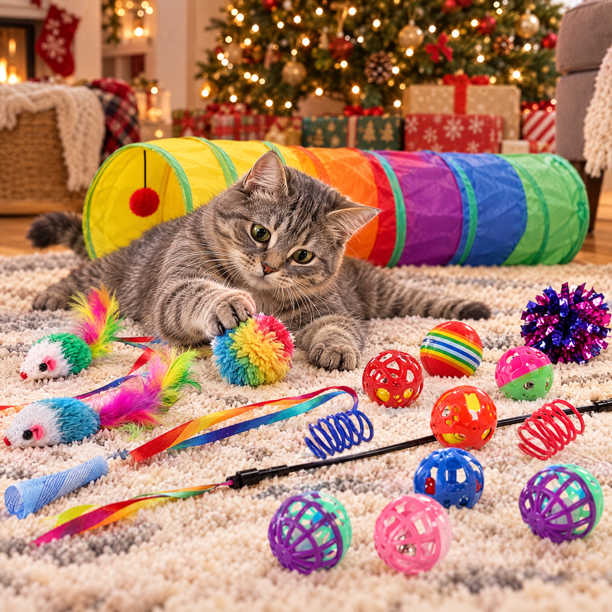 A tabby cat playing with the toy set in front of a Christmas tree