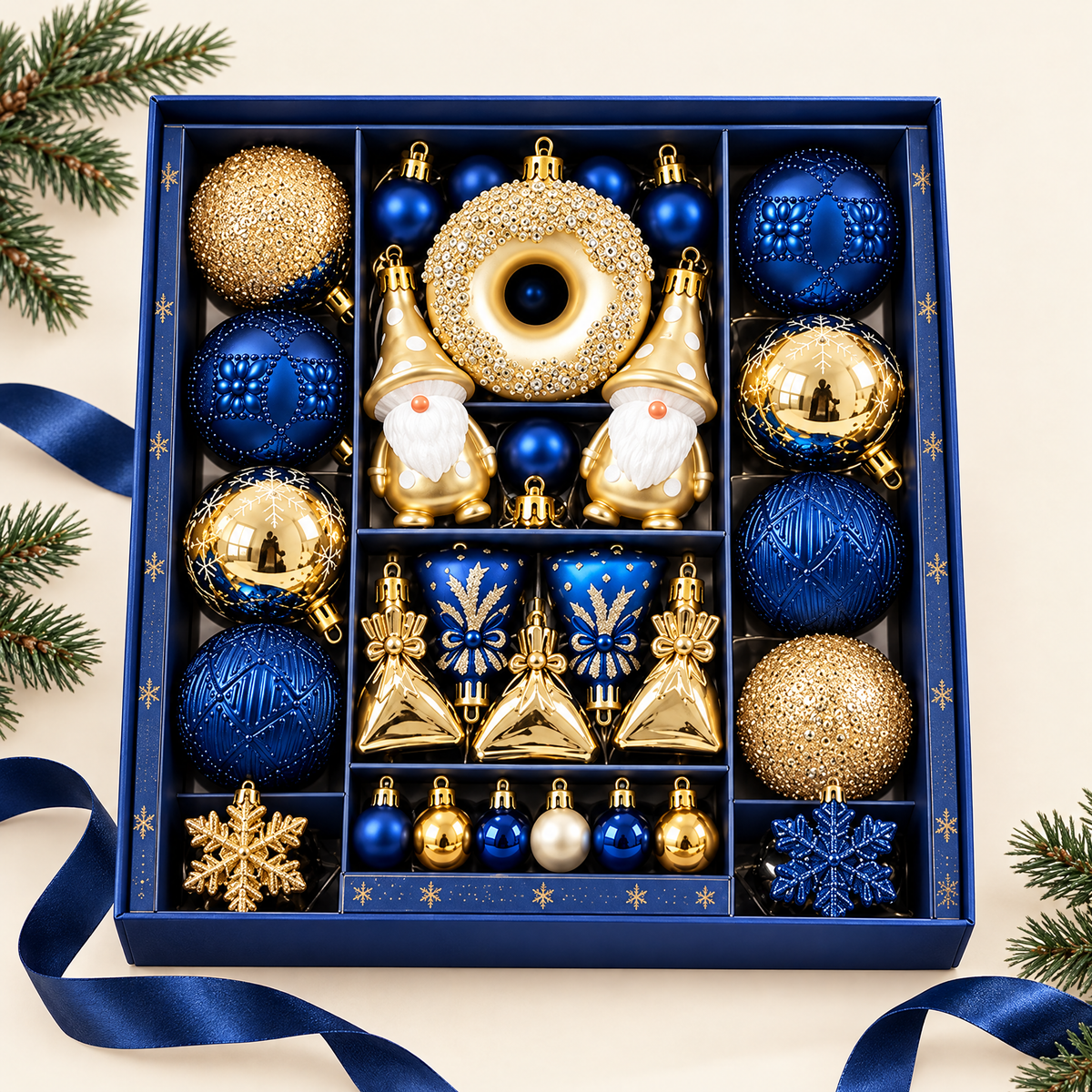 60-piece blue and gold plastic ornament set in a navy gift box