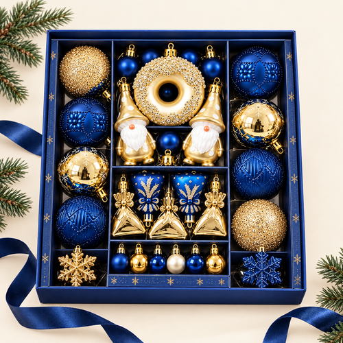 60-piece blue and gold plastic ornament set in a navy gift box