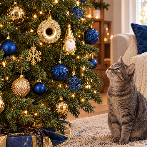 Blue and gold ornaments on a Christmas tree with a tabby cat sitting nearby